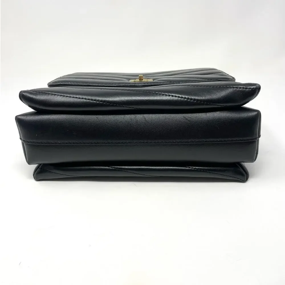 Tory Burch Kira Chevron Leather Top Handle Satchel 2 Way Shoulder Bag Black Gold - Picture 10 of 15